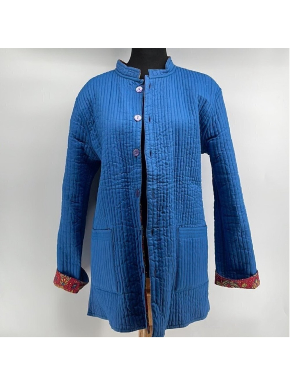 the Paragon reversible quilted jacket paisley colorful blue button up blazer